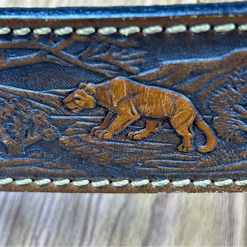 Vintage Deerslayer Hand Tooled Leather Belt Woodland Scene Made in USA - Size 56